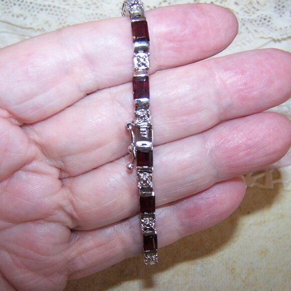 FAS Sterling Silver Garnet Diamond Tennis Bracelet - 7.25" Wearable Length - Picture 6 of 7